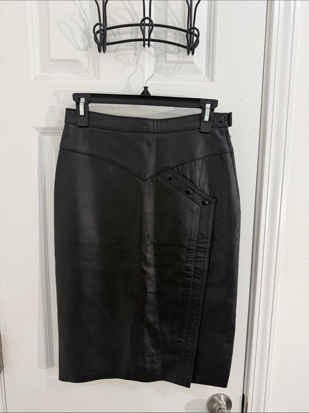 Black Leather Pencil Skirt with Asymmetric Panel Detail Size 6